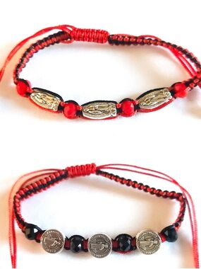 Red and Black Beaded Adjustable Cord Bracelet with Silver Medallions
